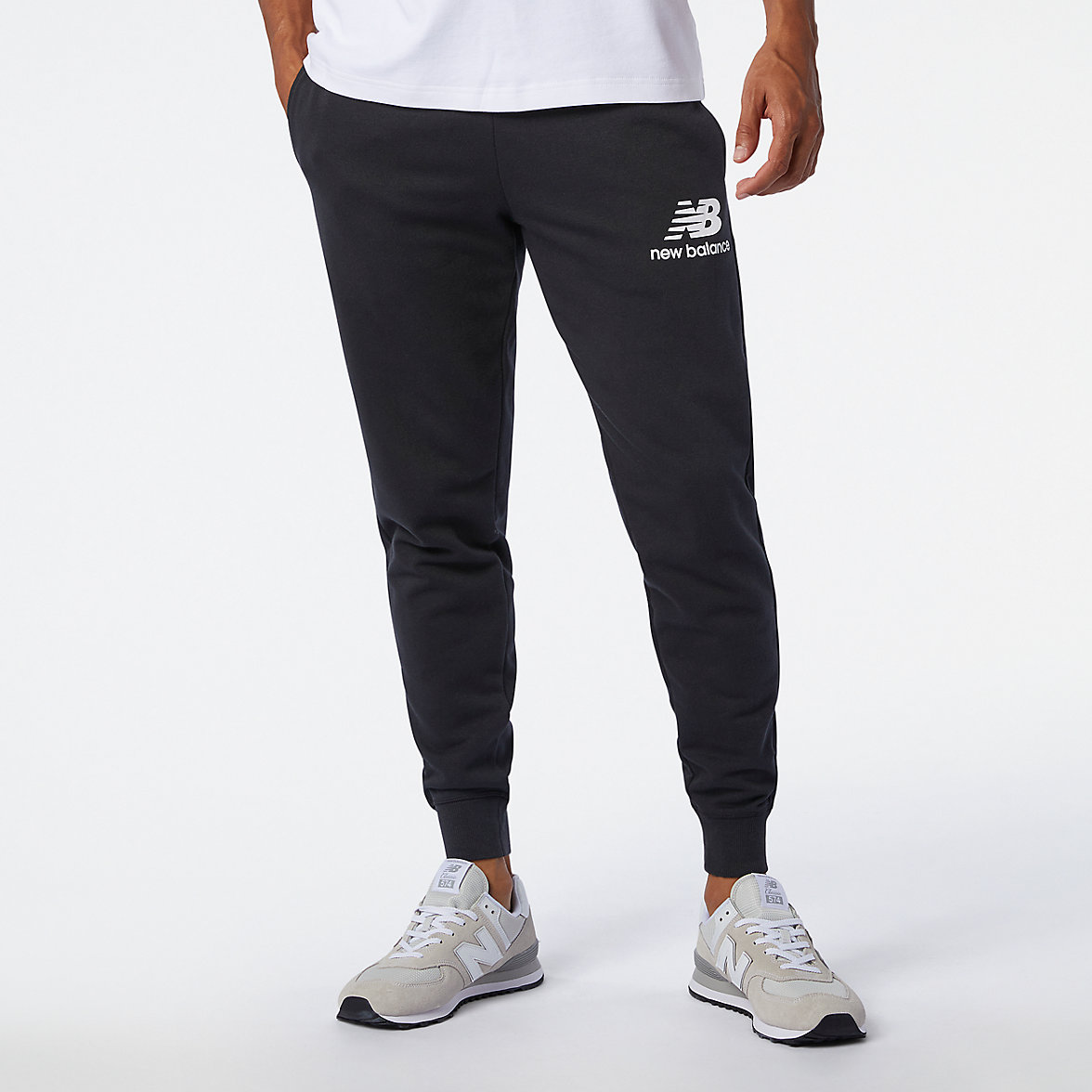 Spodnie New Balance NB Essentials Stacked Logo Męskie Czarne | 971438-IWJ